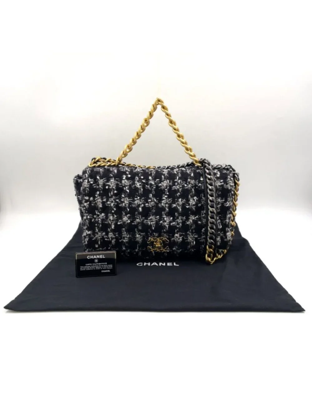 Chanel CC Logo Handle Leather Tweed Black Shoulder Bag Gold